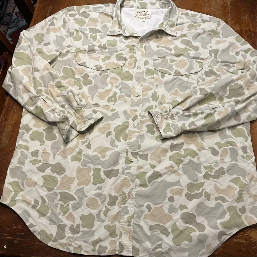 Filson Twin Lakes Sport Shirt Mens Sz XXXL Green Camo Hiking Outdoor Vented - Picture 2 of 9